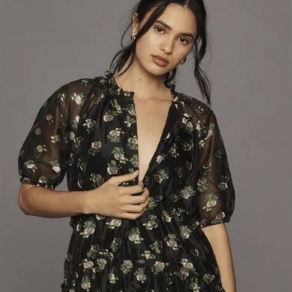 Maeve Anthropologie Like New! V-Neck Floral Tiered Tunic Mini Dress - L